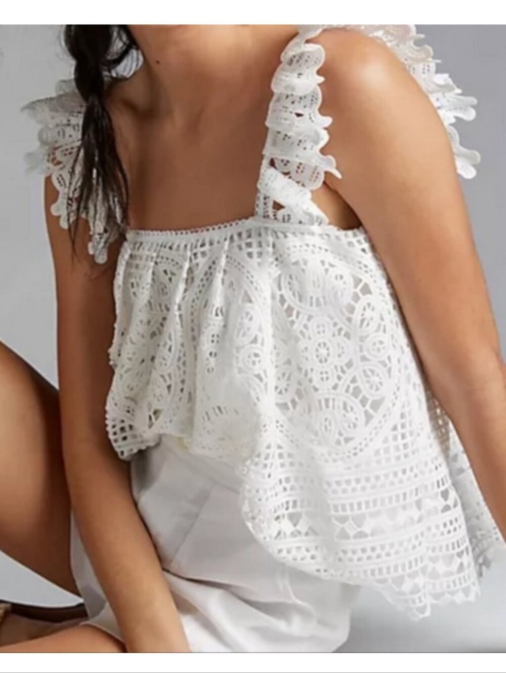 Anthro White Crochet Ruffle Strap Tank Top